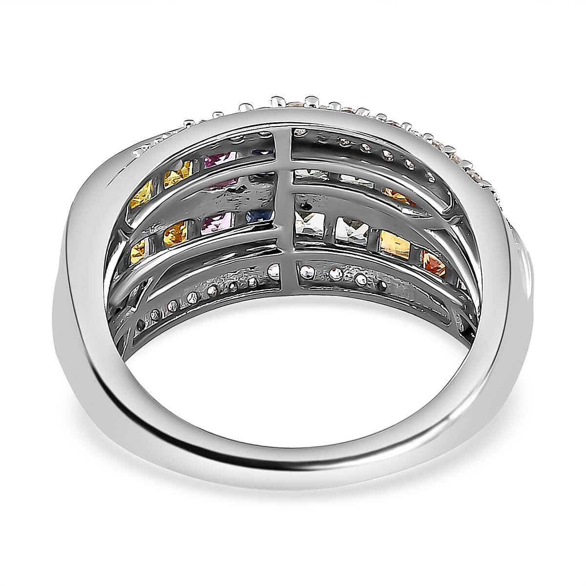 Rainbow Sapphire &amp; Natural Zircon Cluster Multi Row Ring in Platinum Overlay Sterling Silver 1.98 Ct 7606132 4