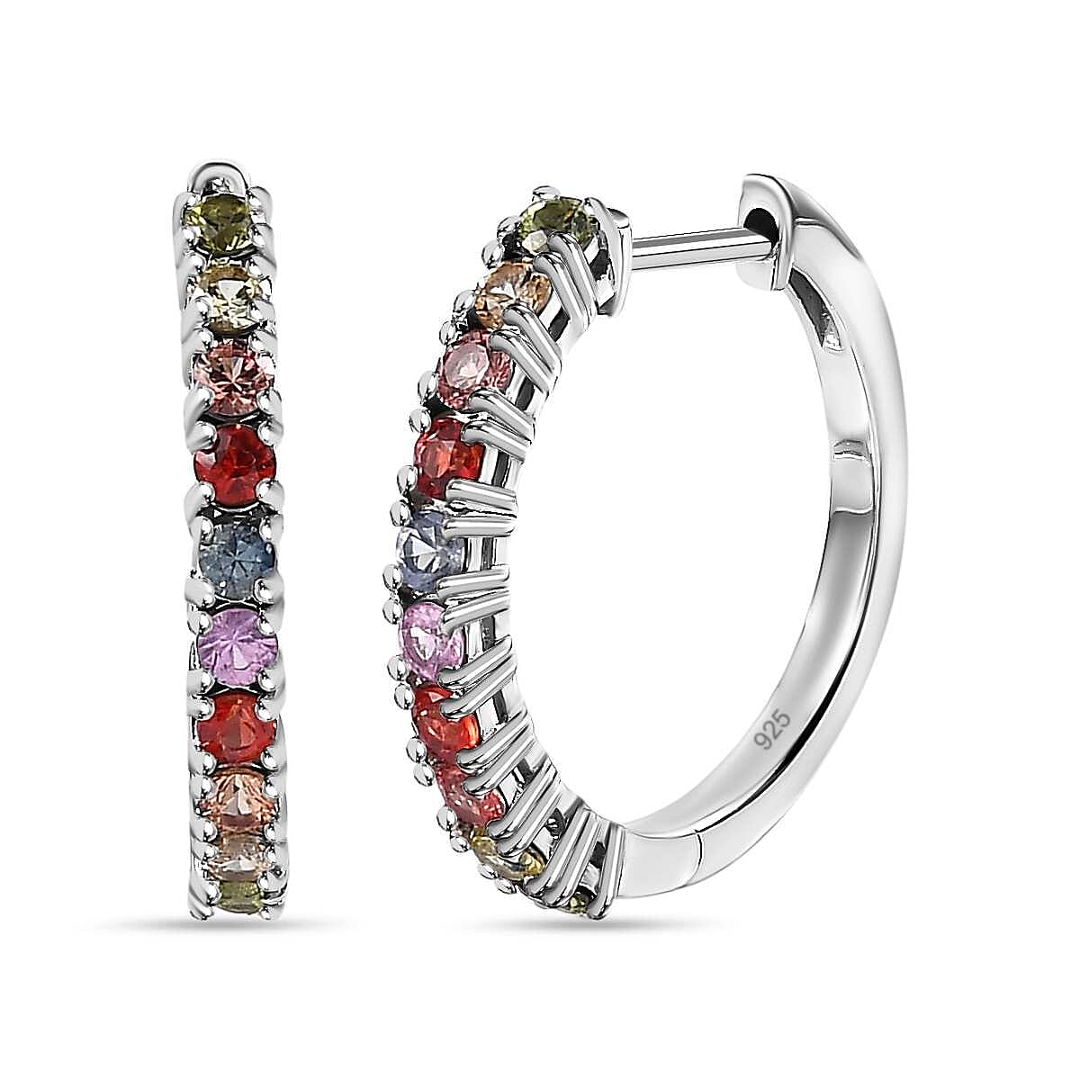 Multi Sapphire Half Hoop Earrings in Platinum Overlay Sterling Silver 1.52 Ct 7606160 0