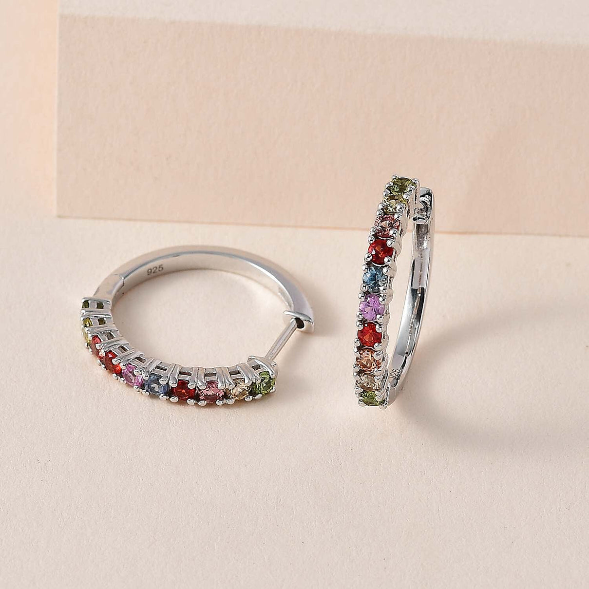 Multi Sapphire Half Hoop Earrings in Platinum Overlay Sterling Silver 1.52 Ct 7606160 1