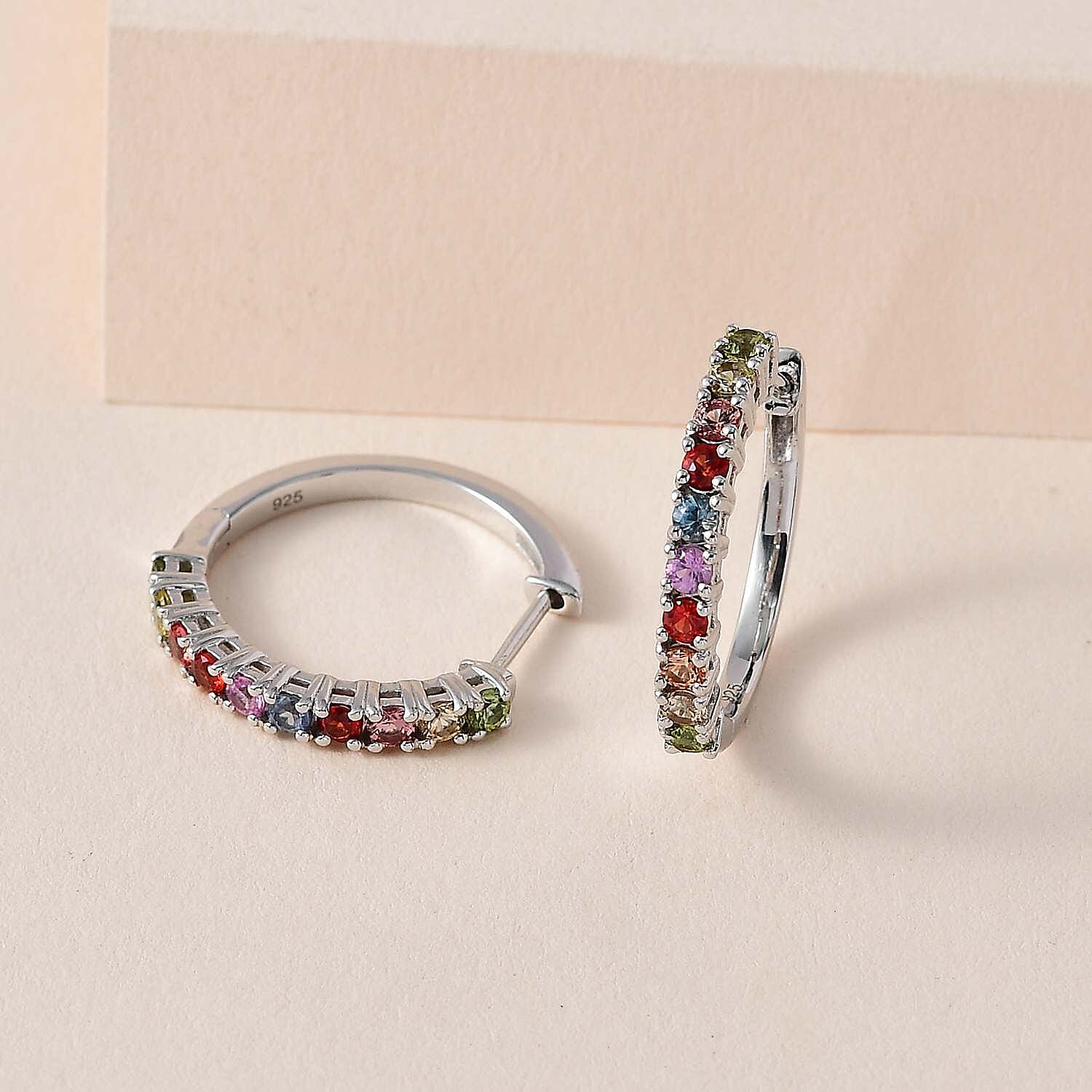 Multi Sapphire Half Hoop Earrings in Platinum Overlay Sterling Silver 1.52 Ct 7606160 1