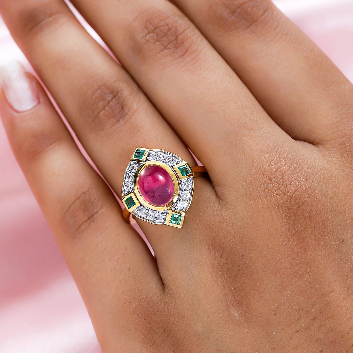 African Ruby, White Zircon, Zambian Emerald Ring in 18K Vermeil YG Sterling Silver 7611454 2