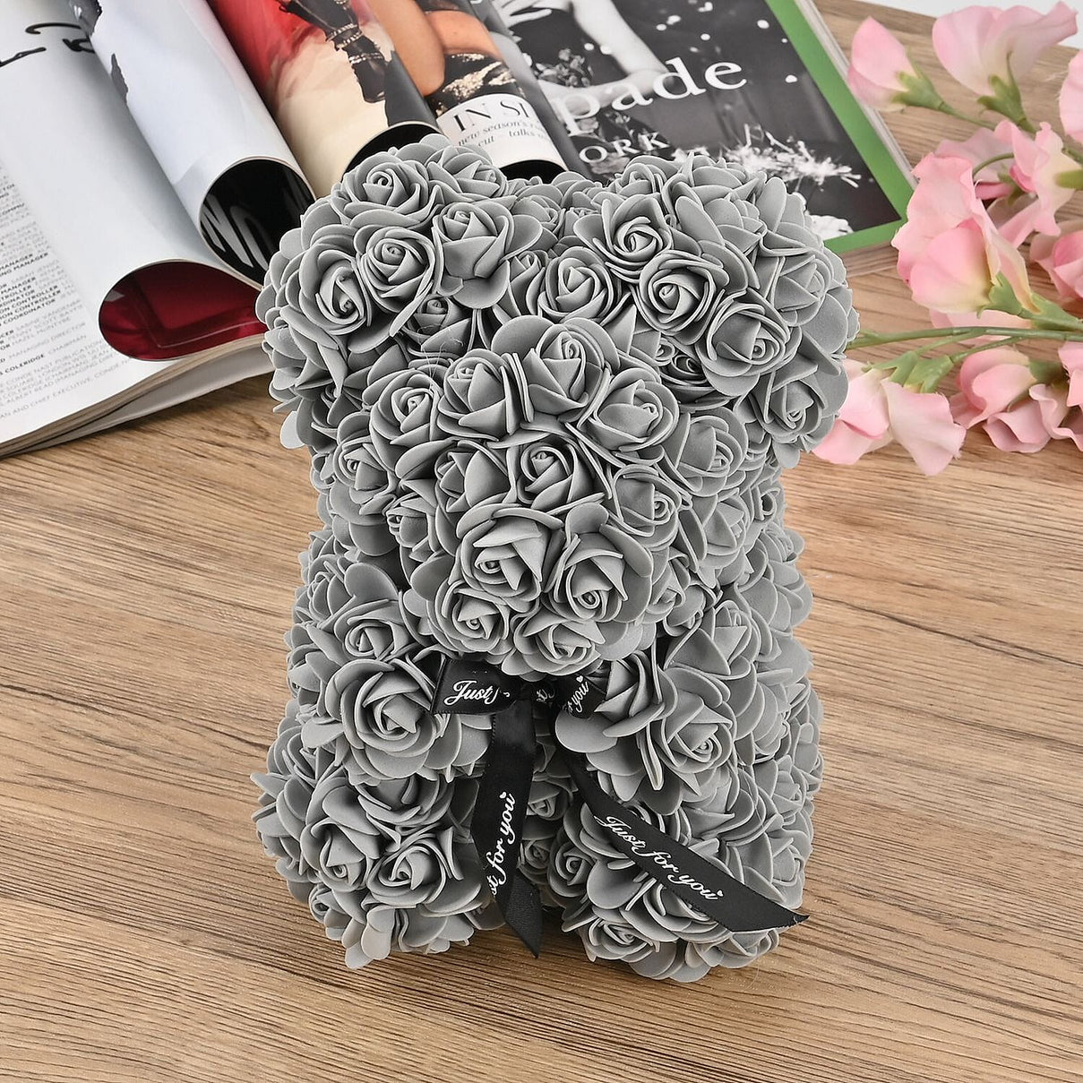 Artificial Rose Flower Teddy Bear - Grey V32490606 2