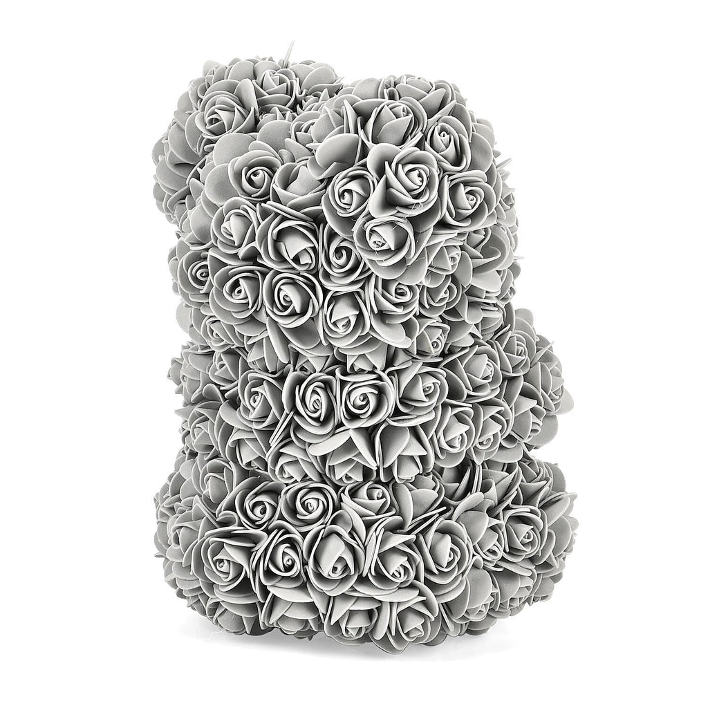 Handcrafted Faux Rose Flower Bear with Bow - Grey