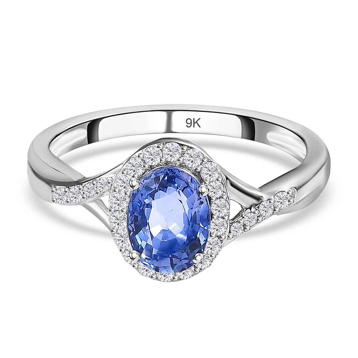 9K White Gold Blue Ceylon Sapphire and Diamond Solitaire Wedding Band Ring 1.20 Ct 7611890 0