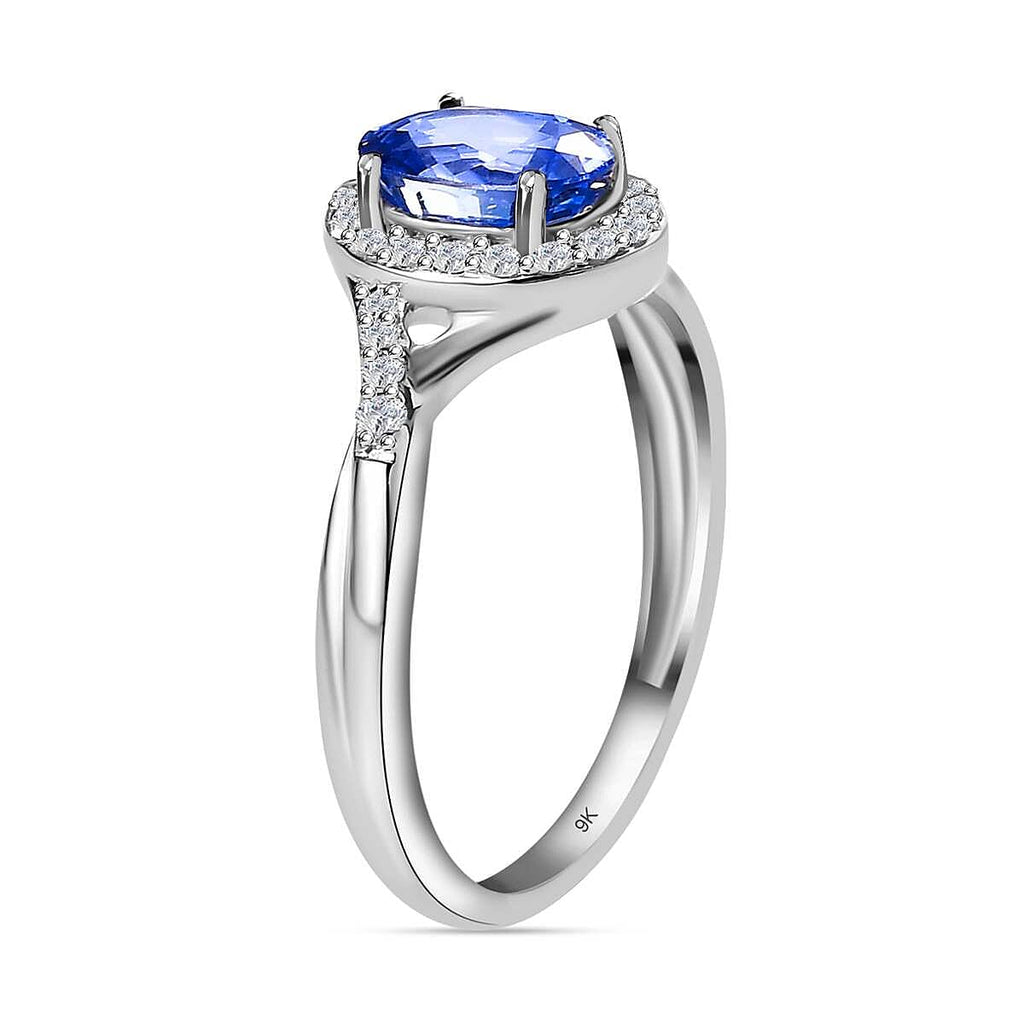 9K White Gold Blue Ceylon Sapphire & Diamond Solitaire Ring 1.20 Ct