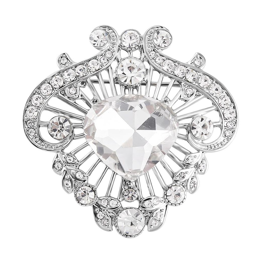 White Austrian Crystal Brooch in Silver Tone