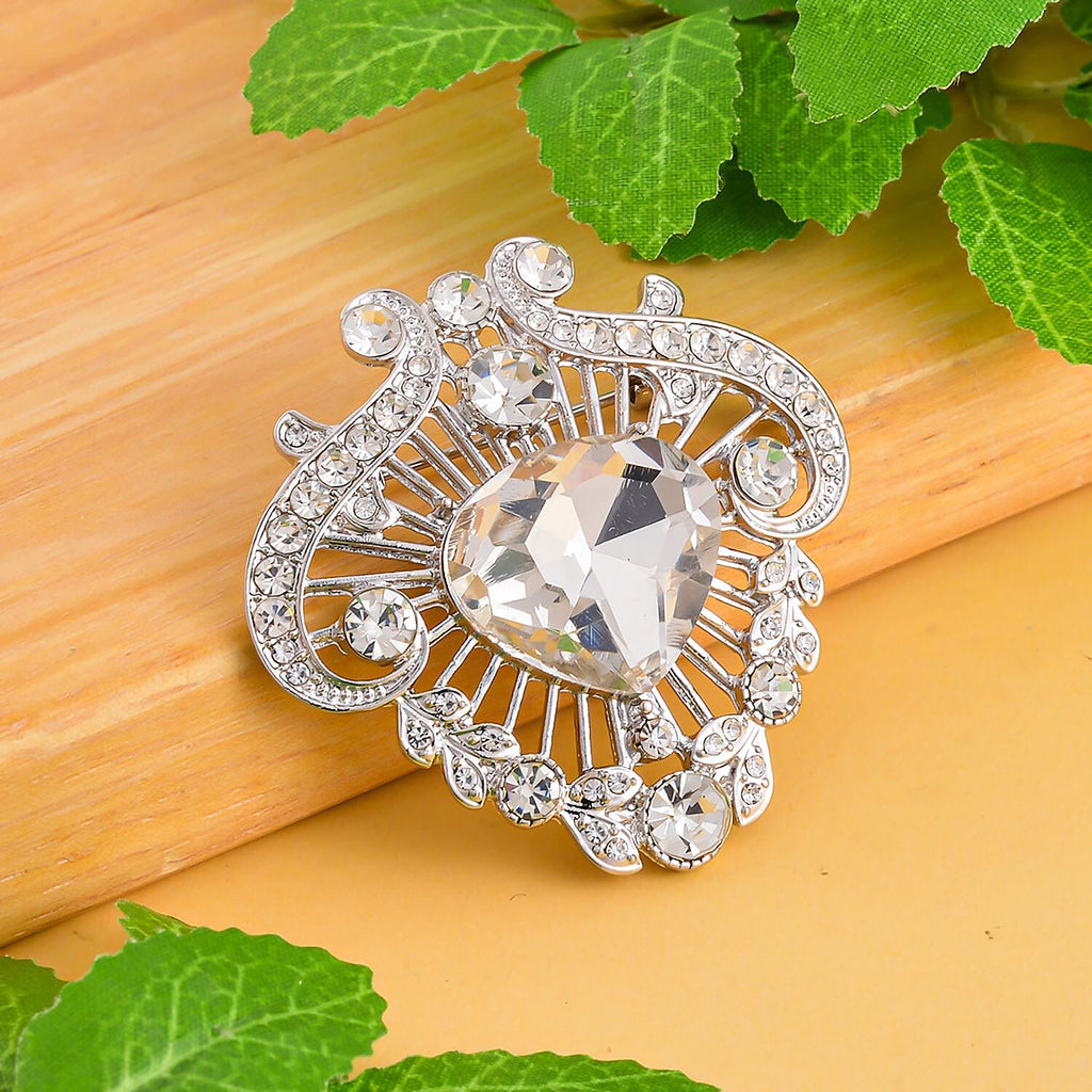 White Austrian Crystal Brooch in Silver Tone