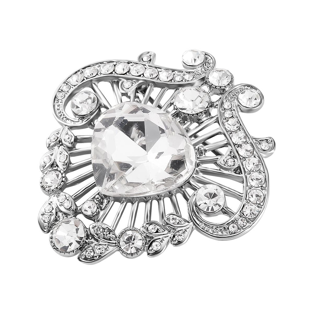 White Austrian Crystal Brooch in Silver Tone