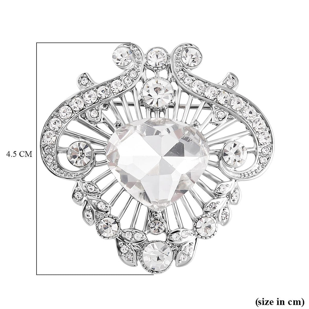 White Austrian Crystal Brooch in Silver Tone