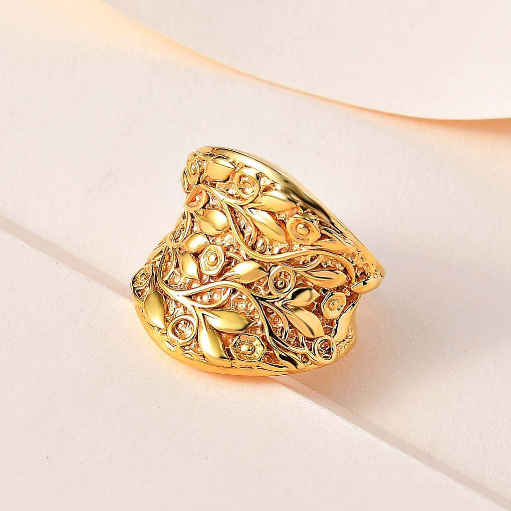 Vermeil YG Plated Sterling Silver Leaf Vine Ring, Silver Wt. 14.16 Gms