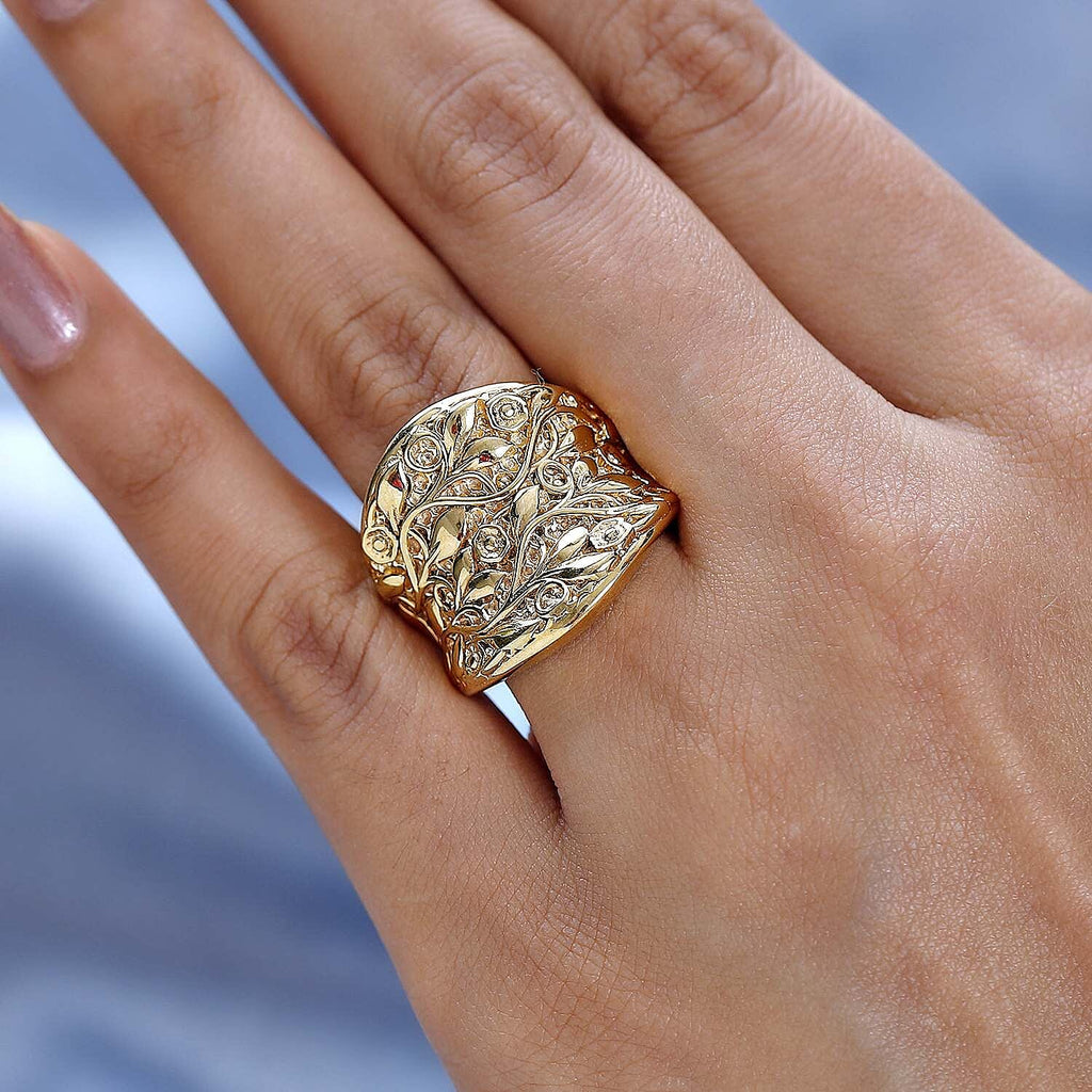 Vermeil YG Plated Sterling Silver Leaf Vine Ring, Silver Wt. 14.16 Gms