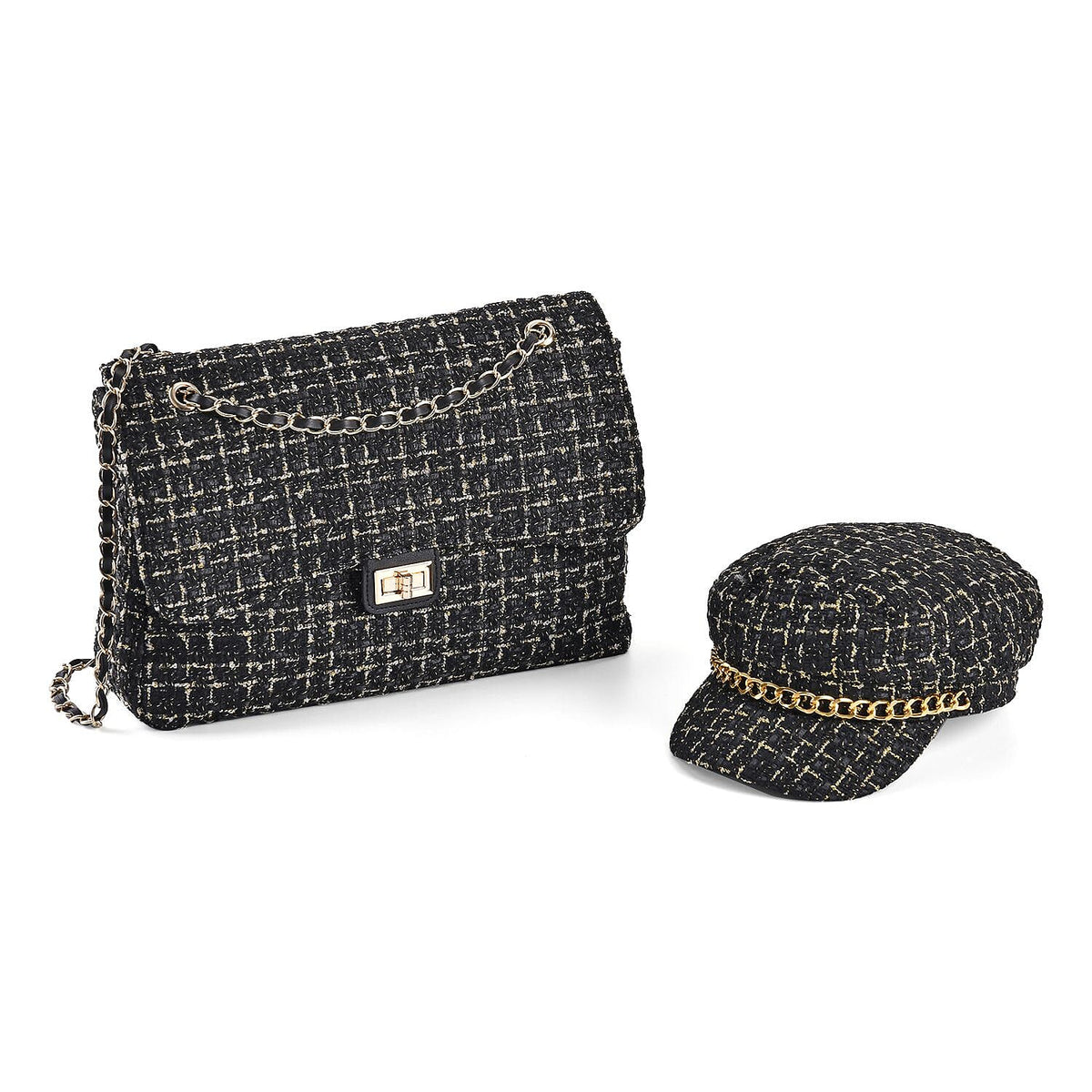 Closeout Deal- Combo Pack - Classic Checkered Pattern Shoulder Bag with Chain Strap - a Newsboy Cap - Black 7618577 0