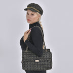 Closeout Deal- Combo Pack - Classic Checkered Pattern Shoulder Bag with Chain Strap - a Newsboy Cap - Black