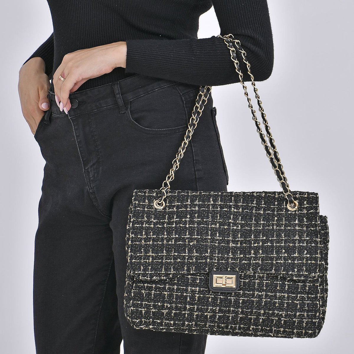 Closeout Deal- Combo Pack - Classic Checkered Pattern Shoulder Bag with Chain Strap - a Newsboy Cap - Black 7618577 2