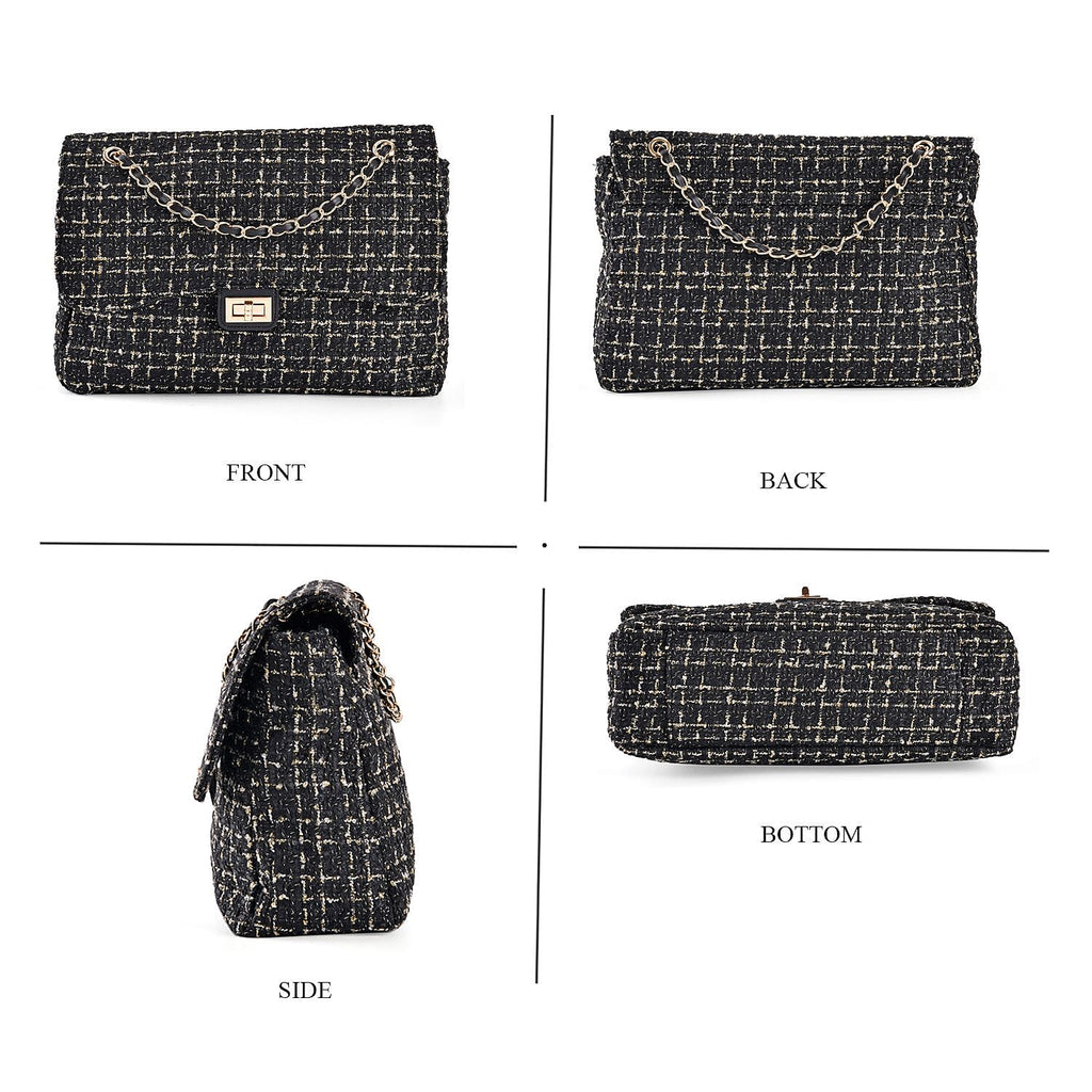 Closeout Deal- Combo Pack - Classic Checkered Pattern Shoulder Bag with Chain Strap - a Newsboy Cap - Black