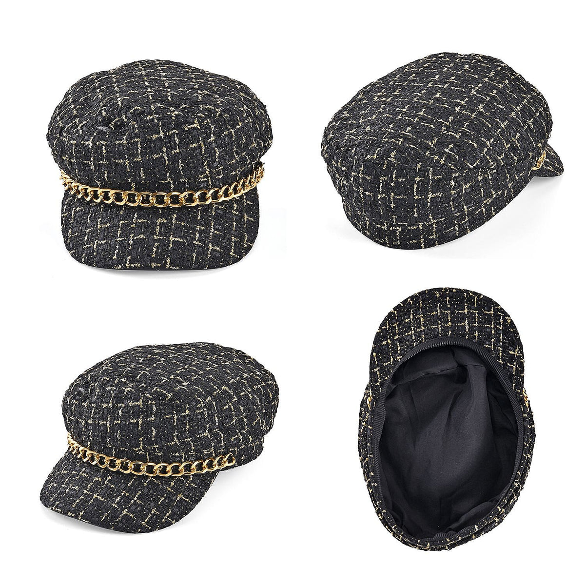 Closeout Deal- Combo Pack - Classic Checkered Pattern Shoulder Bag with Chain Strap - a Newsboy Cap - Black 7618577 5