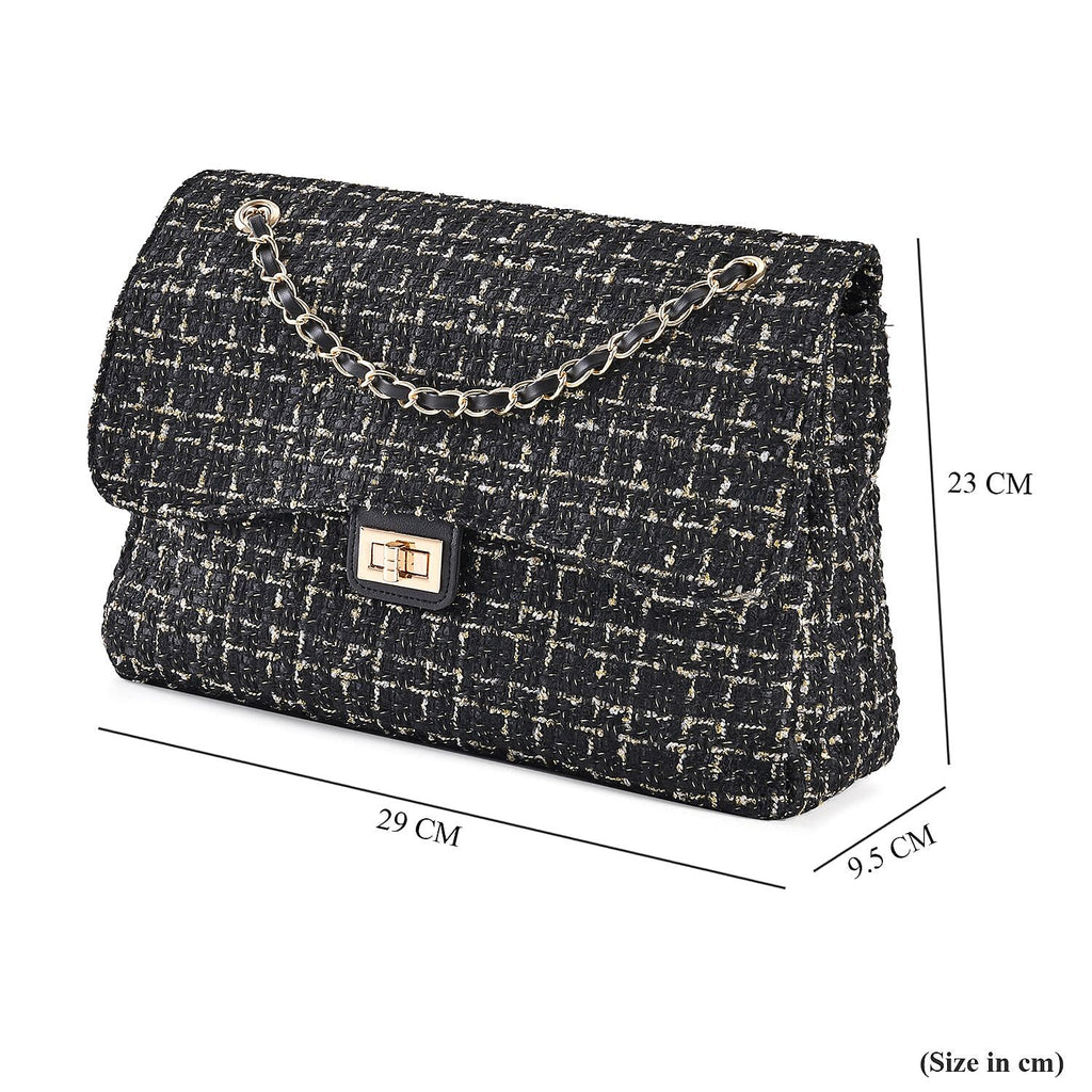 Closeout Deal- Combo Pack - Classic Checkered Pattern Shoulder Bag with Chain Strap - a Newsboy Cap - Black