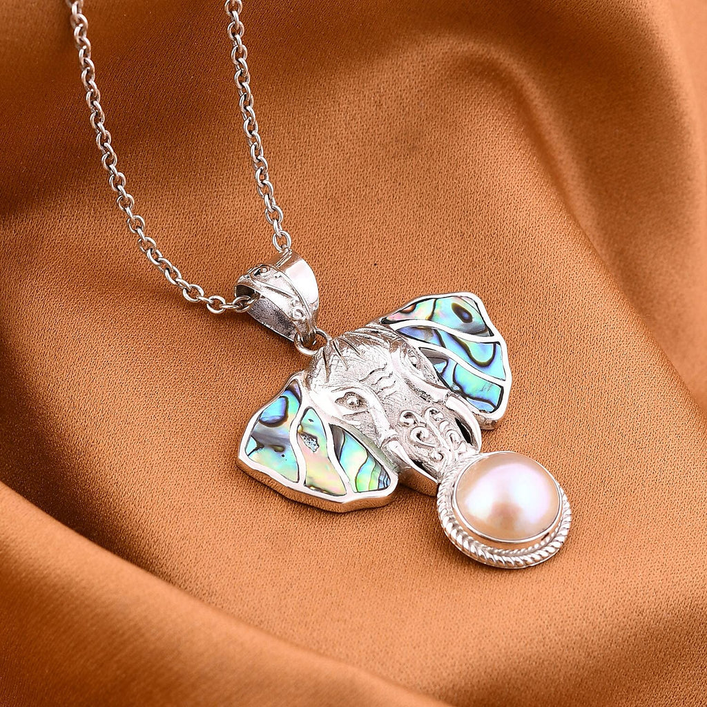 Royal Bali Collection - Airavat Abalone Shell & White Mabe Pearl Elephant Pendant in Sterling Silver, Silver Wt 10.40 GM