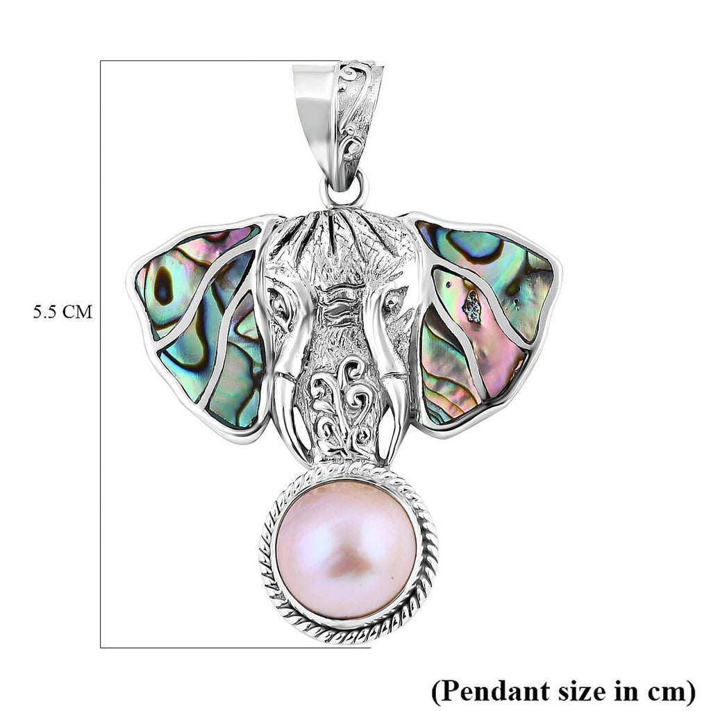 Royal Bali Collection - Airavat Abalone Shell & White Mabe Pearl Elephant Pendant in Sterling Silver, Silver Wt 10.40 GM