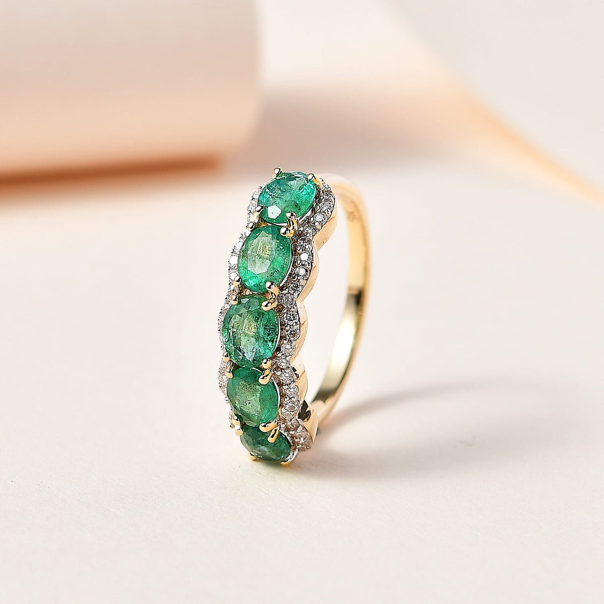 Zambian Emerald and Moissanite 5 Stone Ring in 9K Yellow Gold 7621035 1