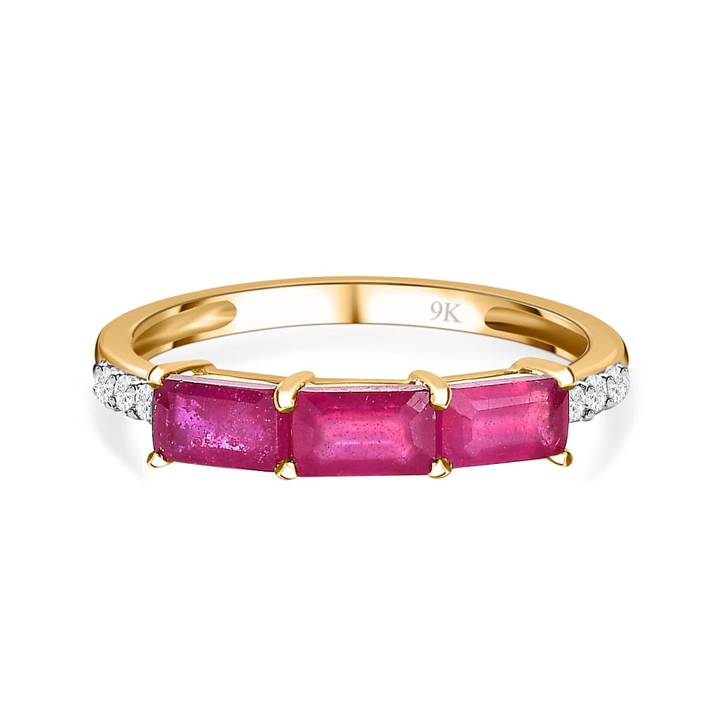 9K Yellow Gold African Ruby & Moissanite Trilogy Band Ring 1.68 Ct.