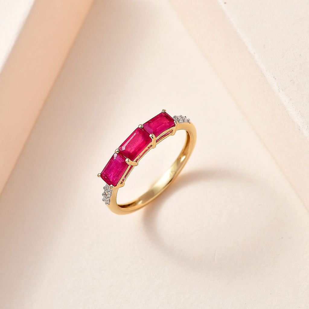 9K Yellow Gold African Ruby & Moissanite Trilogy Band Ring 1.68 Ct.