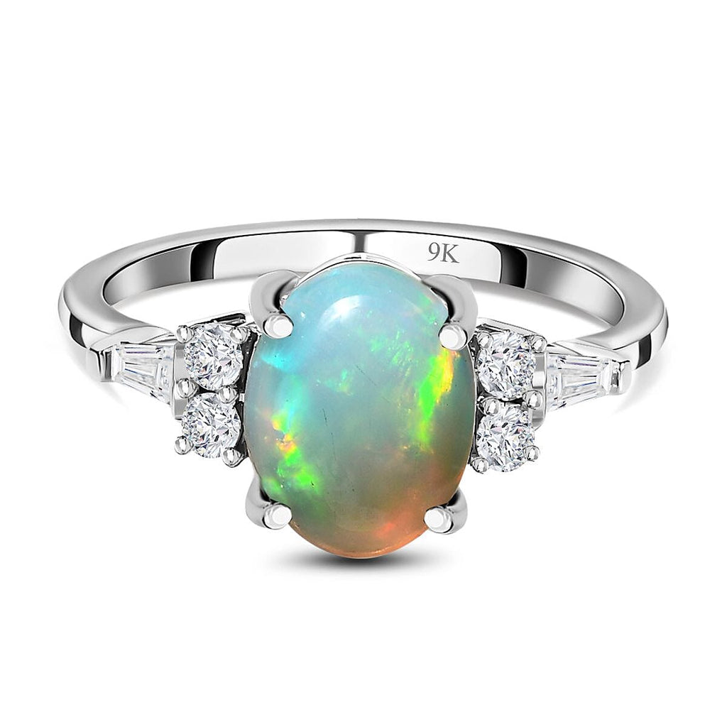 9K White Gold  Ethiopian Welo Opal, Moissanite Ring 1.50 ct,  Gold Wt. 2.2 Gms