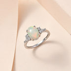 9K White Gold  Ethiopian Welo Opal, Moissanite Ring 1.50 ct,  Gold Wt. 2.2 Gms