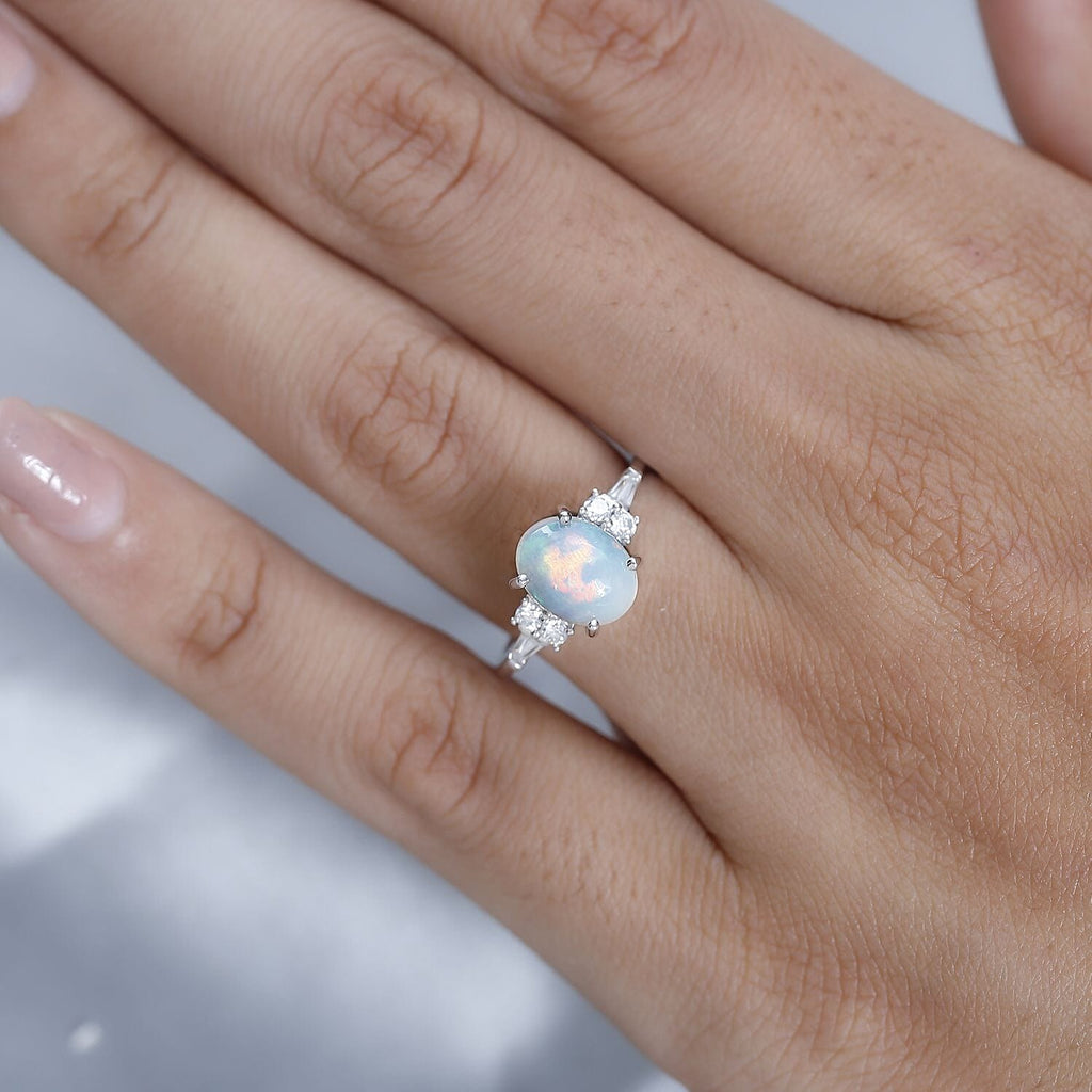 9K White Gold  Ethiopian Welo Opal, Moissanite Ring 1.50 ct,  Gold Wt. 2.2 Gms