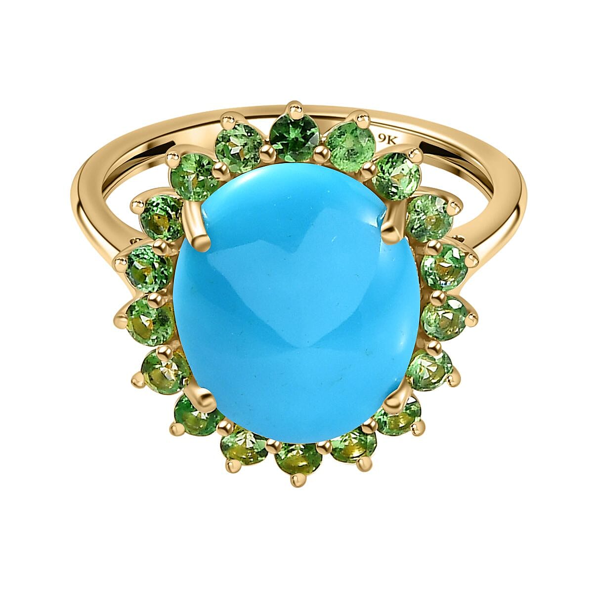 9K Yellow Gold Arizona Sleeping Beauty Turquoise &amp; Tsavorite Garnet Ring 5.06 Ct. 7632806 0