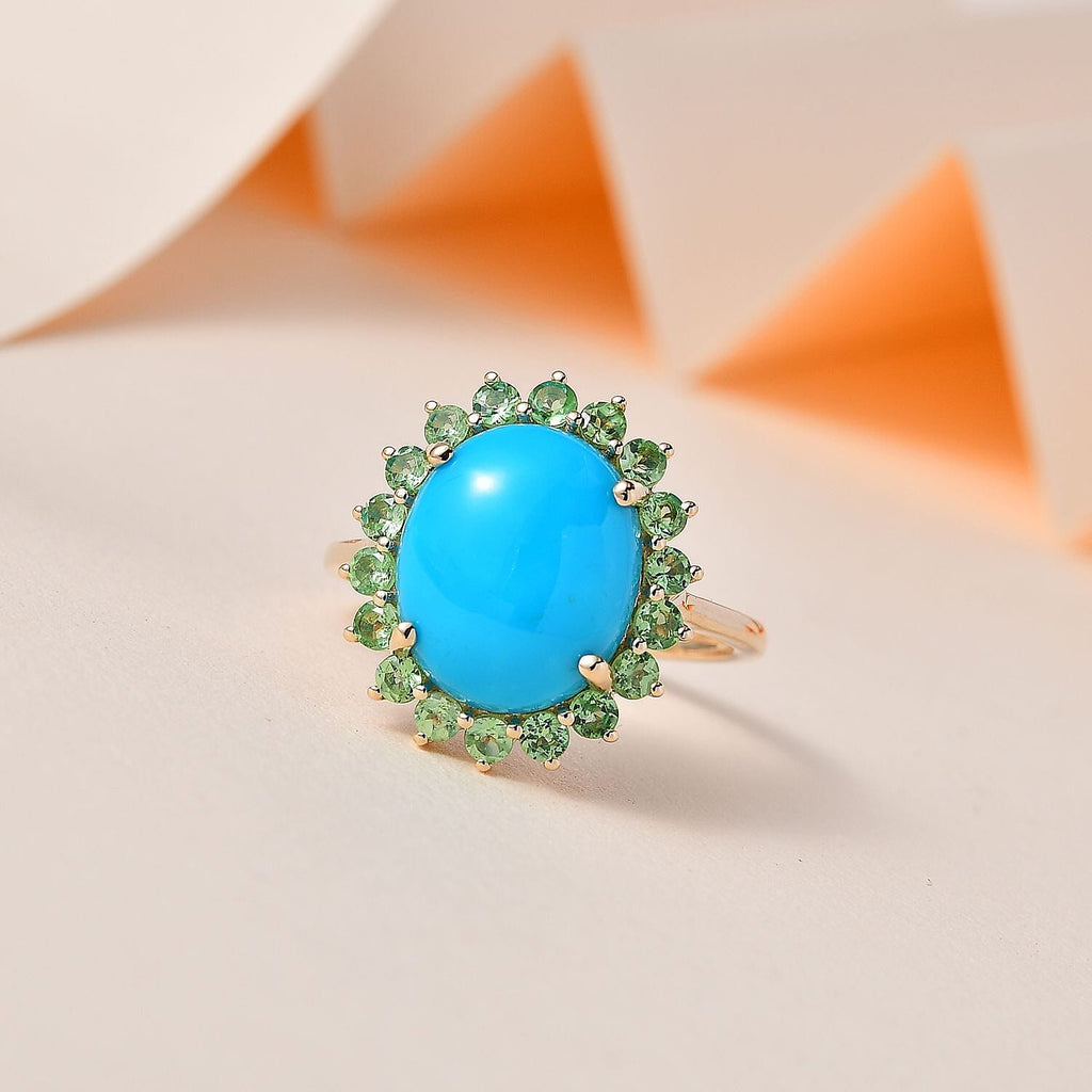9K Yellow Gold Arizona Sleeping Beauty Turquoise & Tsavorite Garnet Ring 5.06 Ct.