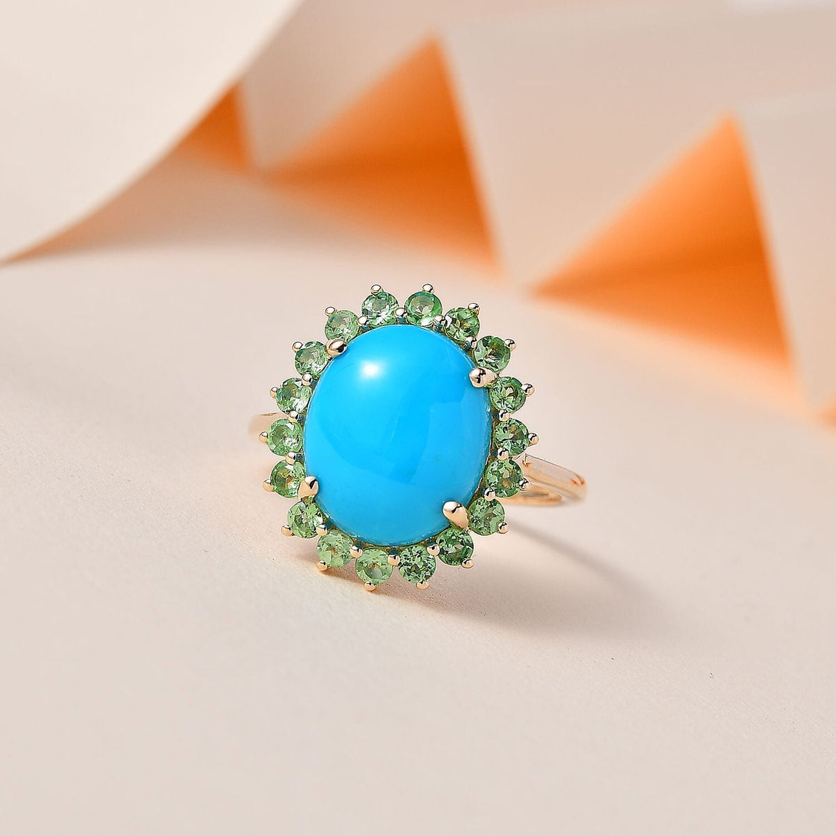 9K Yellow Gold Arizona Sleeping Beauty Turquoise &amp; Tsavorite Garnet Ring 5.06 Ct. 7632806 1