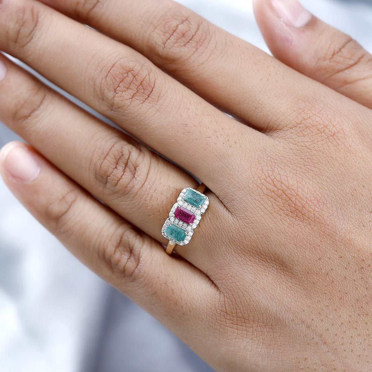 9K Yellow Gold African Ruby, Emerald &amp; Moissanite Ring 1.37 Ct 7632829 2
