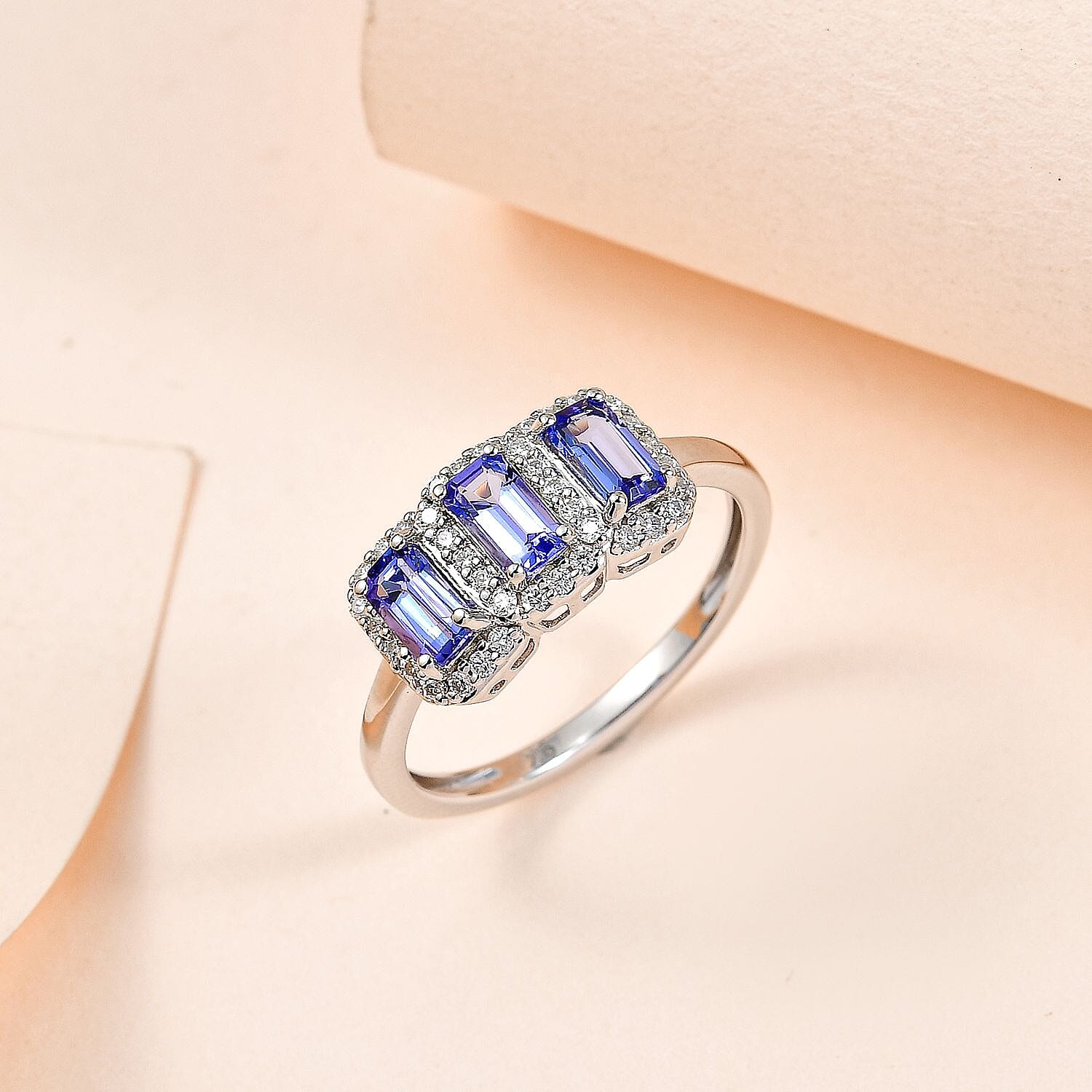 Tanzanite and Moissanite Halo Ring in 9K White Gold 7632861 1