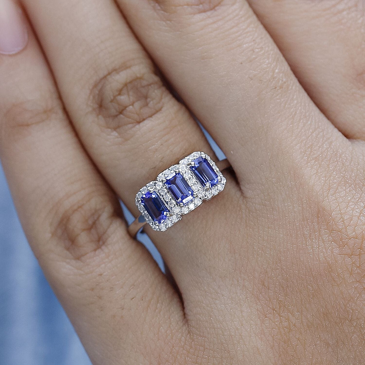 Tanzanite and Moissanite Halo Ring in 9K White Gold 7632861 2