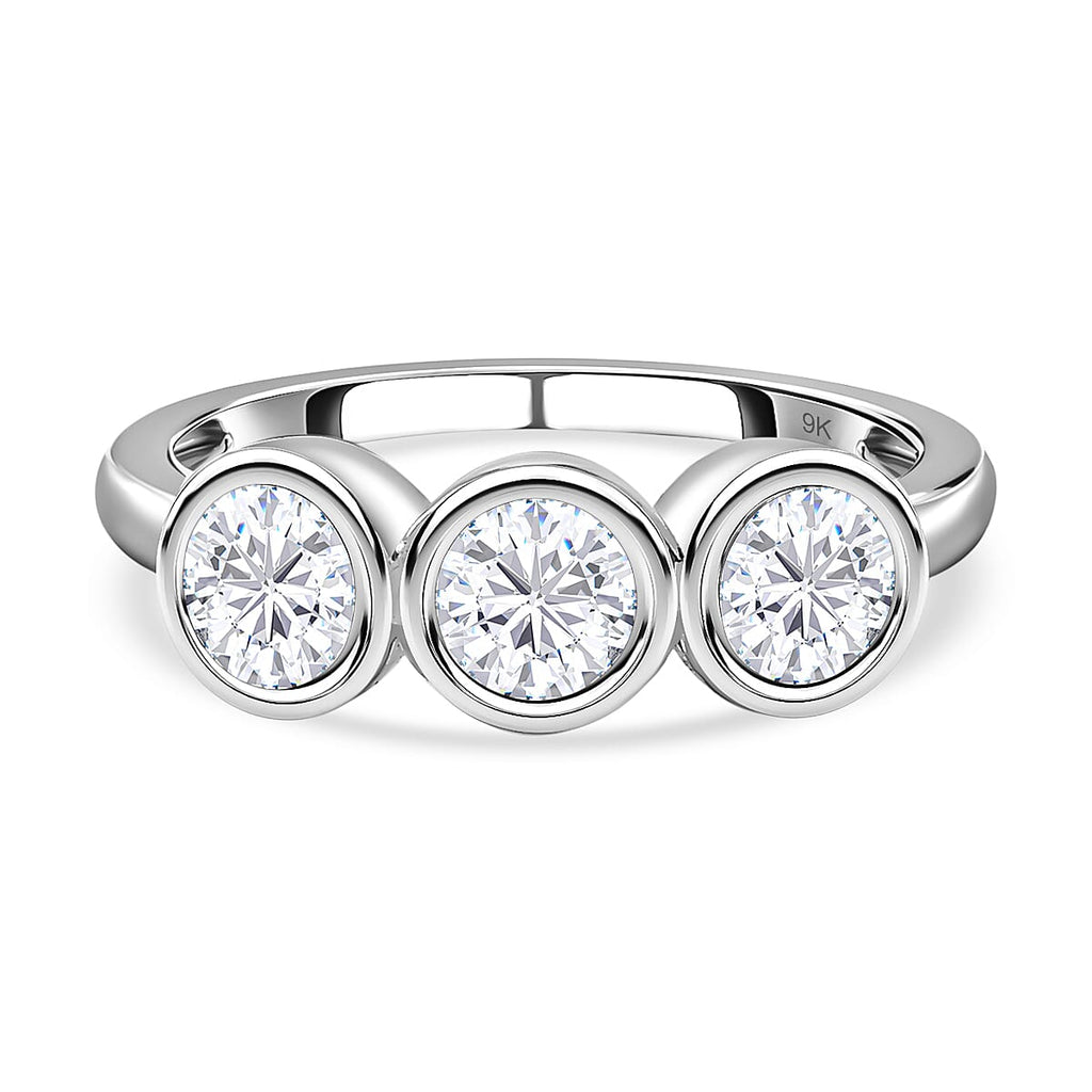 9K White Gold Moissanite 3 Stone Ring 1.28 Ct.