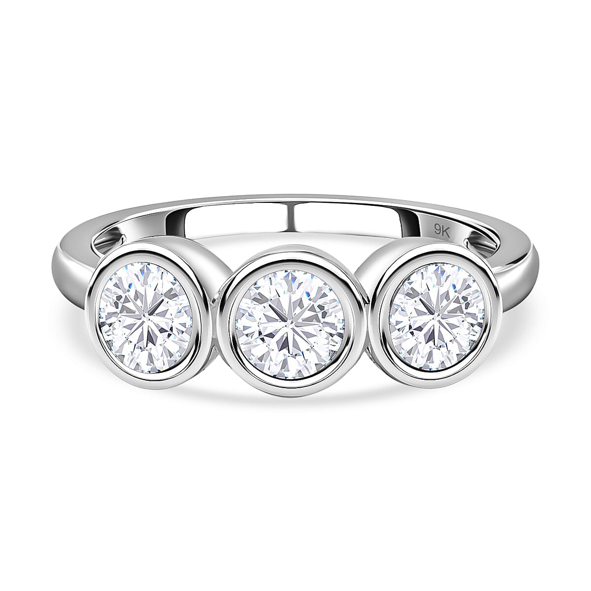 9K White Gold Moissanite 3 Stone Ring 1.28 Ct.