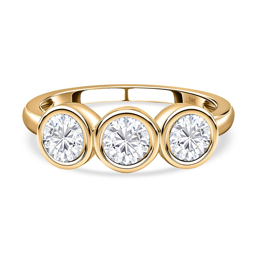 9K Yellow Gold Moissanite 3 Stone Ring 1.28 Ct.