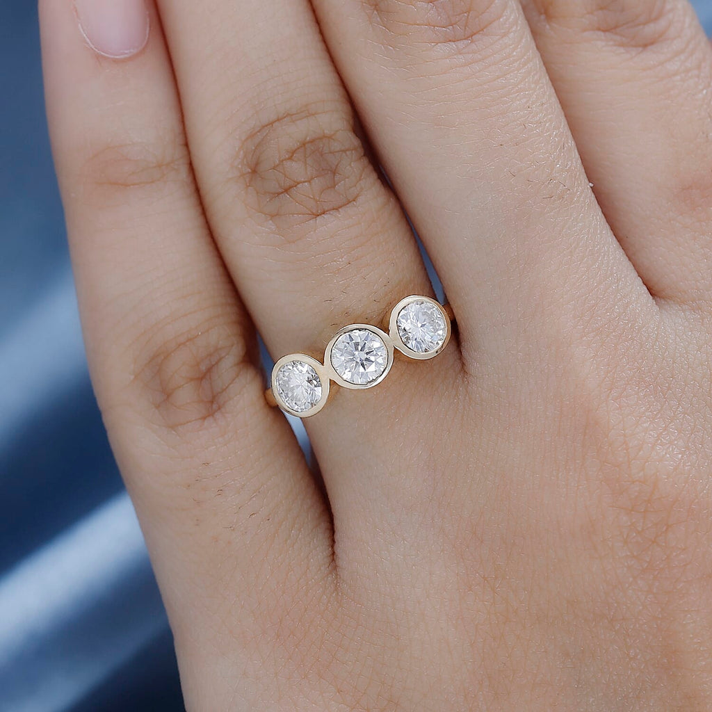 9K Yellow Gold Moissanite 3 Stone Ring 1.28 Ct.