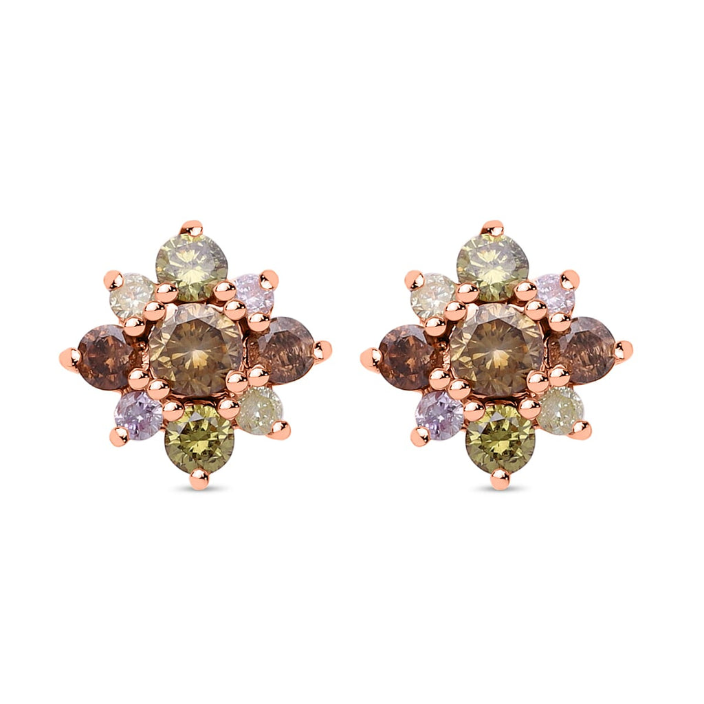 14K Rose Gold Champagne Diamond,Pink Diamond & Natural Yellow Diamond (I1-I2) Stud Floral Earrings 0.50 Ct