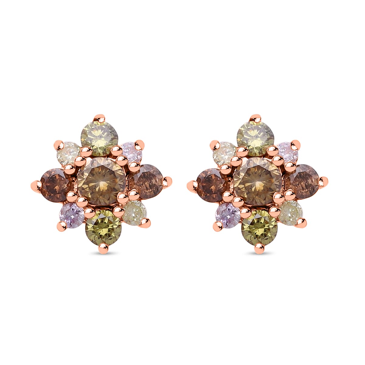 Champagne Diamond,Pink Diamond and Natural Yellow Diamond (I1-I2) Stud Floral Earrings in 14K Rose Gold 7634932 0