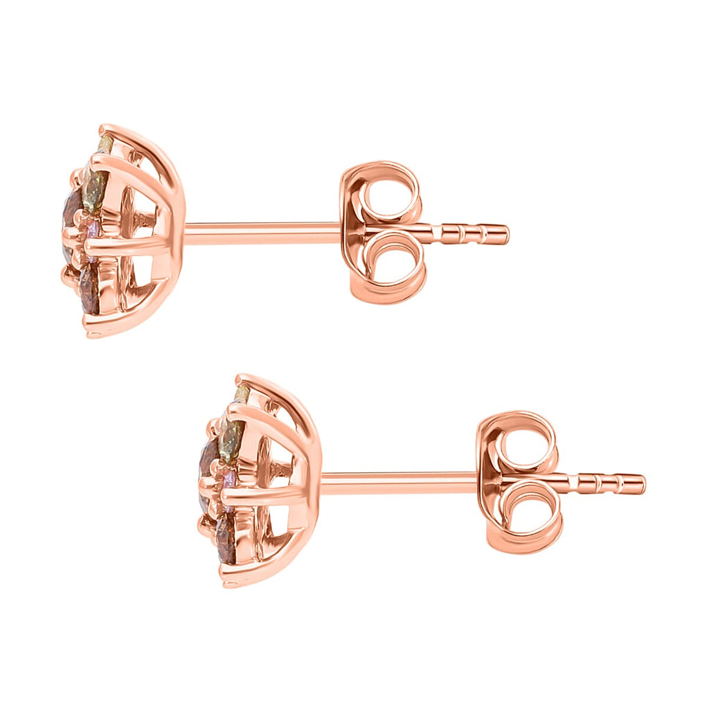 14K Rose Gold Champagne Diamond,Pink Diamond & Natural Yellow Diamond (I1-I2) Stud Floral Earrings 0.50 Ct