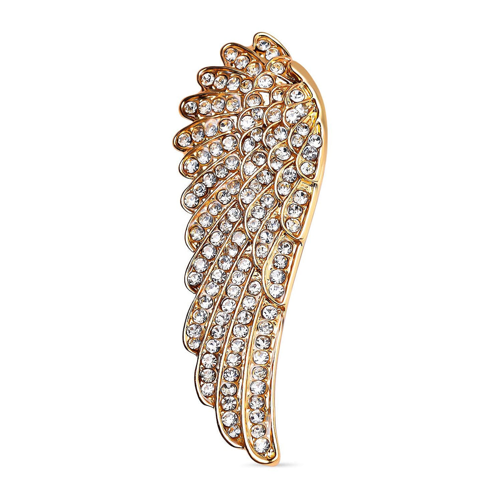 White Austrian Crystal Angel Wing Brooch in Yellow Gold Tone