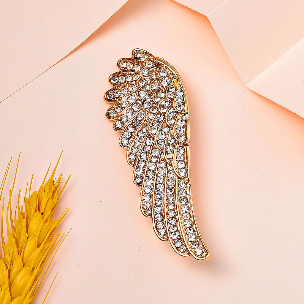 White Austrian Crystal Angel Wing Brooch in Yellow Gold Tone