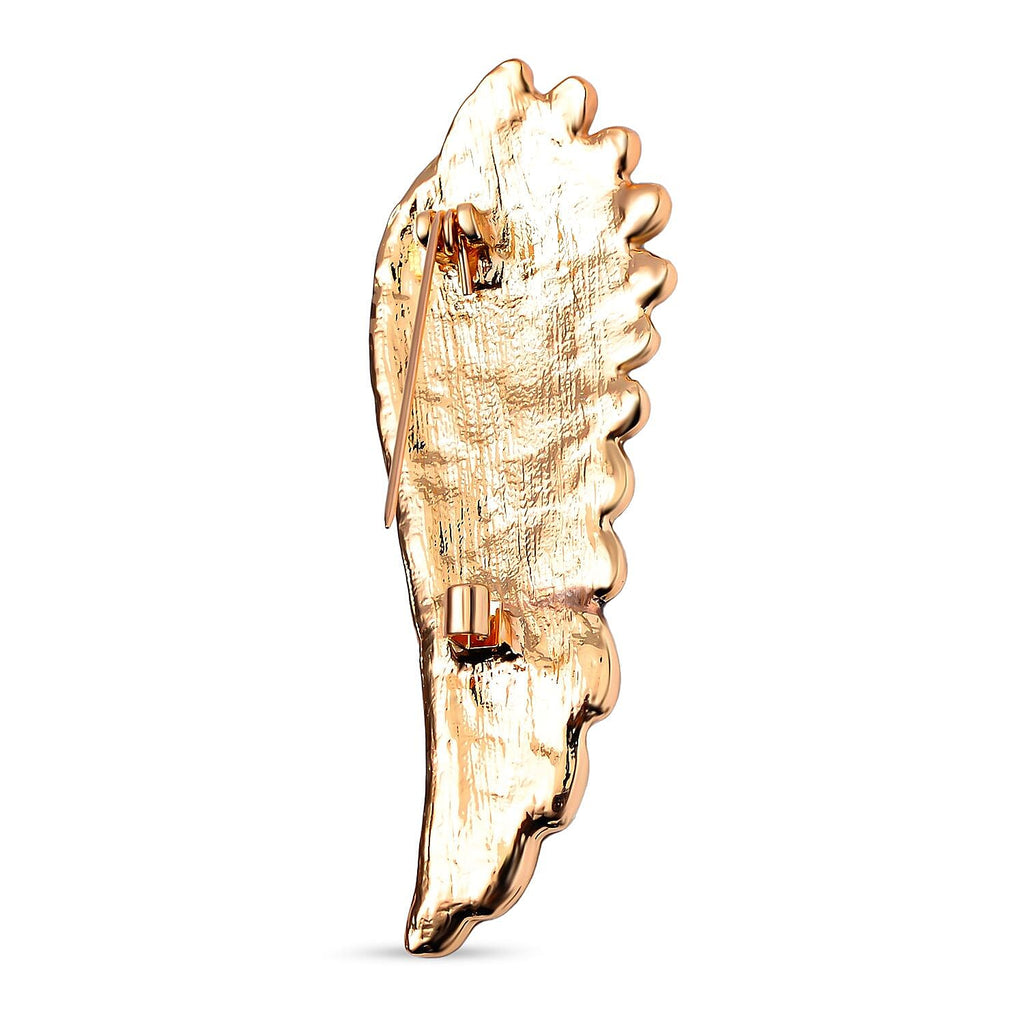 White Austrian Crystal Angel Wing Brooch in Yellow Gold Tone