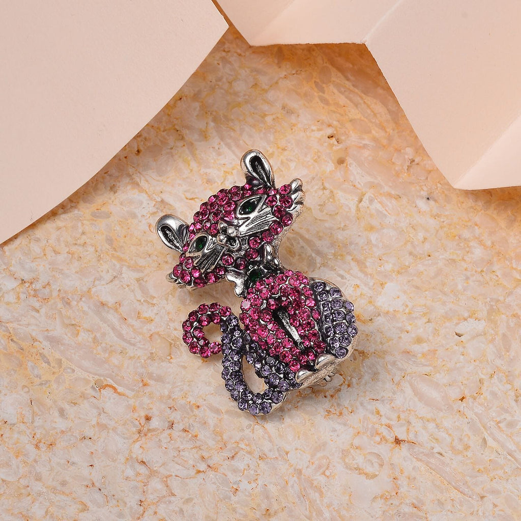 Multi Colour Austrian Crystal Enamelled Cat Brooch in Antique Silver Tone