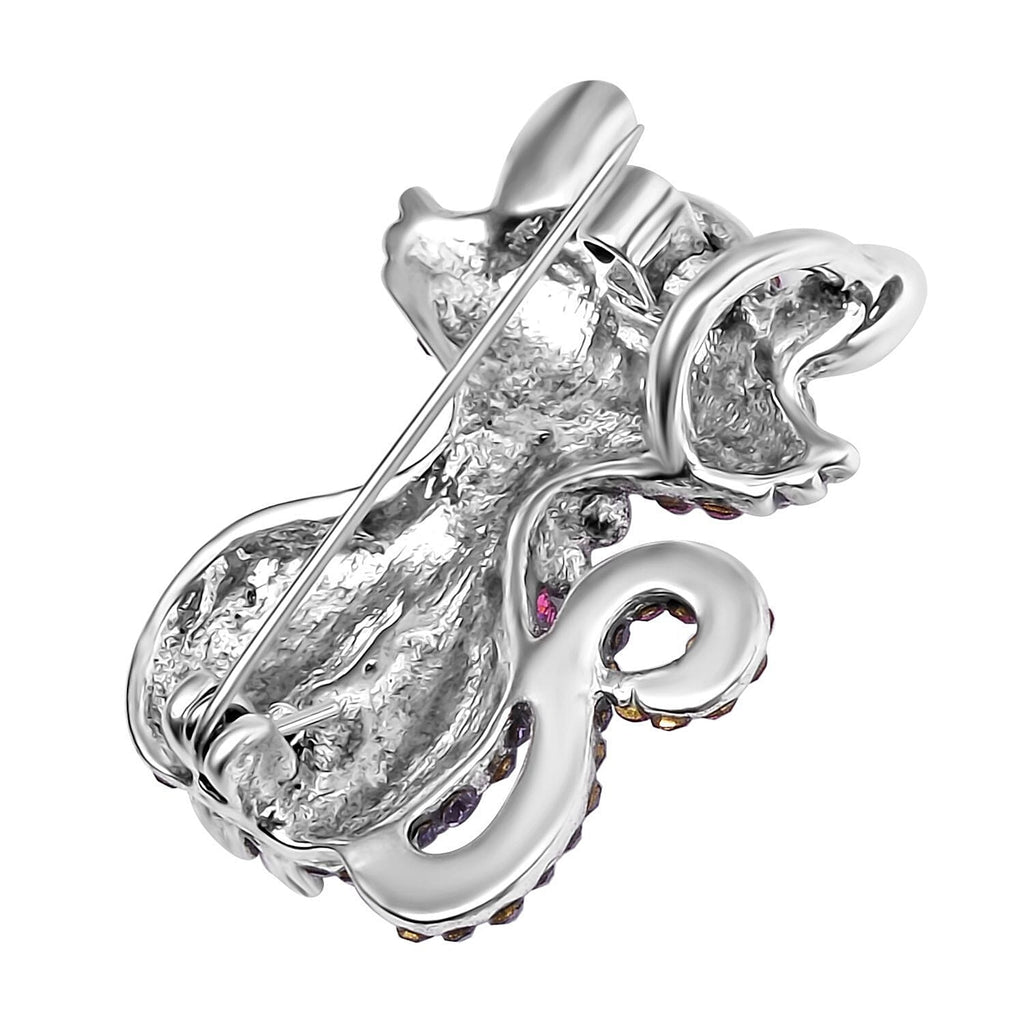 Multi Colour Austrian Crystal Enamelled Cat Brooch in Antique Silver Tone