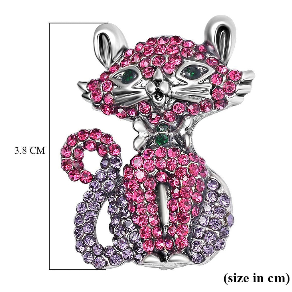 Multi Colour Austrian Crystal Enamelled Cat Brooch in Antique Silver Tone