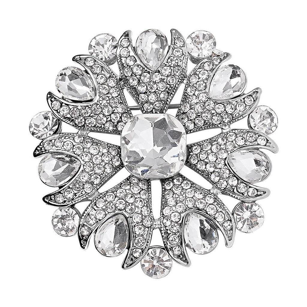 White Austrian Crystal Brooch in Silver Tone