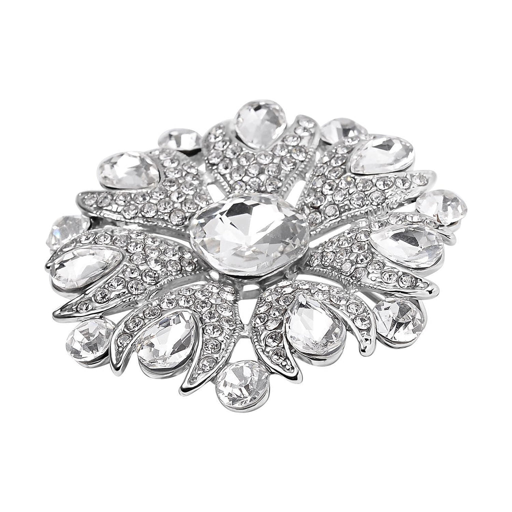 White Austrian Crystal Brooch in Silver Tone